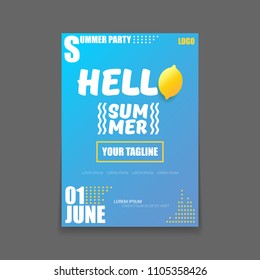 Vector Hello Summer Beach Party vertical A4 poster Design template or mock up with fresh lemon on blue background with text. Hello summer concept label or flyer with orange fruit and typographic text.
