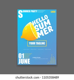 Vector Hello Summer Beach Party vertical A4 poster Design template or mock up with fresh lemon on blue background with text. Hello summer concept label or flyer with orange fruit and typographic text.
