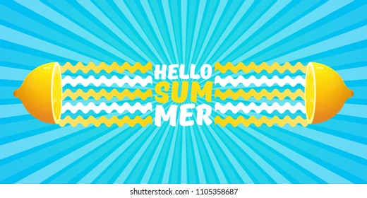 Vector Hello Summer Beach Party horizontal banner Design template with fresh lemon on sky with rays of light background. Hello summer concept label or poster with orange fruit and typographic text.