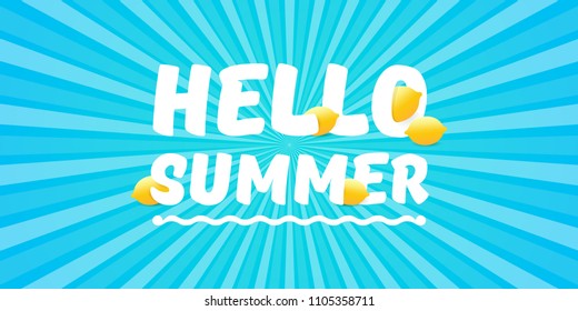 Vector Hello Summer Beach Party horizontal banner Design template with fresh lemon on sky with rays of light background. Hello summer concept label or poster with orange fruit and typographic text.