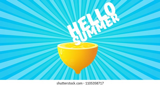 Vector Hello Summer Beach Party horizontal banner Design template with fresh lemon on sky with rays of light background. Hello summer concept label or poster with orange fruit and typographic text.