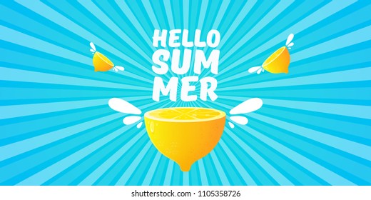Vector Hello Summer Beach Party horizontal banner Design template with fresh lemon on sky with rays of light background. Hello summer concept label or poster with orange fruit and typographic text.