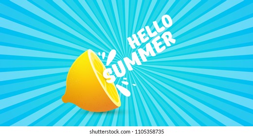 Vector Hello Summer Beach Party horizontal banner Design template with fresh lemon on sky with rays of light background. Hello summer concept label or poster with orange fruit and typographic text.