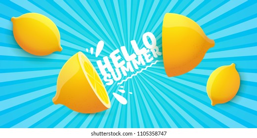 Vector Hello Summer Beach Party horizontal banner Design template with fresh lemon on sky with rays of light background. Hello summer concept label or poster with orange fruit and typographic text.