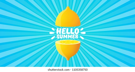 Vector Hello Summer Beach Party horizontal banner Design template with fresh lemon on sky with rays of light background. Hello summer concept label or poster with orange fruit and typographic text.