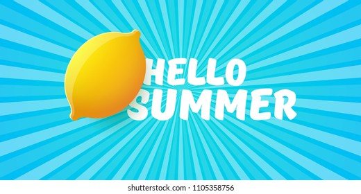Vector Hello Summer Beach Party horizontal banner Design template with fresh lemon on sky with rays of light background. Hello summer concept label or poster with orange fruit and typographic text.