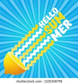 Vector Hello Summer Beach Party Flyer Design template with fresh lemon on blue skywith rays of light background. Hello summer concept label or poster with orange fruit and typographic text.