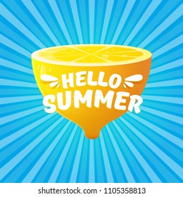 Vector Hello Summer Beach Party Flyer Design template with fresh lemon on blue skywith rays of light background. Hello summer concept label or poster with orange fruit and typographic text.