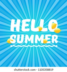 Vector Hello Summer Beach Party Flyer Design template with fresh lemon on blue skywith rays of light background. Hello summer concept label or poster with orange fruit and typographic text.