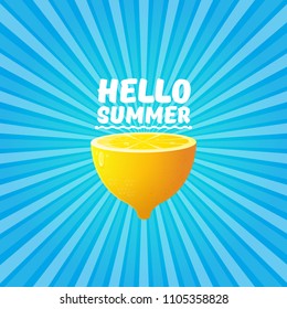 Vector Hello Summer Beach Party Flyer Design template with fresh lemon on blue skywith rays of light background. Hello summer concept label or poster with orange fruit and typographic text.