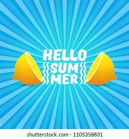 Vector Hello Summer Beach Party Flyer Design template with fresh lemon on blue skywith rays of light background. Hello summer concept label or poster with orange fruit and typographic text.