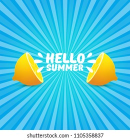 Vector Hello Summer Beach Party Flyer Design template with fresh lemon on blue skywith rays of light background. Hello summer concept label or poster with orange fruit and typographic text.