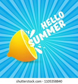 Vector Hello Summer Beach Party Flyer Design template with fresh lemon on blue skywith rays of light background. Hello summer concept label or poster with orange fruit and typographic text.