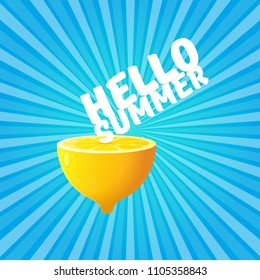 Vector Hello Summer Beach Party Flyer Design template with fresh lemon on blue skywith rays of light background. Hello summer concept label or poster with orange fruit and typographic text.