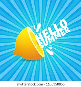 Vector Hello Summer Beach Party Flyer Design template with fresh lemon on blue skywith rays of light background. Hello summer concept label or poster with orange fruit and typographic text.