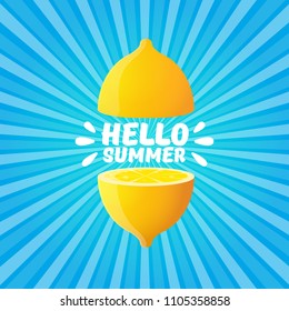 Vector Hello Summer Beach Party Flyer Design template with fresh lemon on blue skywith rays of light background. Hello summer concept label or poster with orange fruit and typographic text.