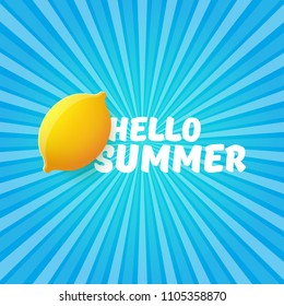 Vector Hello Summer Beach Party Flyer Design template with fresh lemon on blue skywith rays of light background. Hello summer concept label or poster with orange fruit and typographic text.