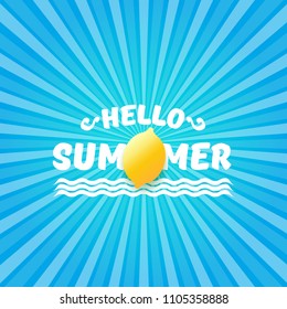 Vector Hello Summer Beach Party Flyer Design template with fresh lemon on blue skywith rays of light background. Hello summer concept label or poster with orange fruit and typographic text.