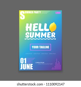 Vector Hello Summer Beach Party vertical A4 poster Design template or mock up with fresh lemon on  gradient background. Hello summer concept label or flyer with orange fruit and typographic text.