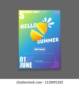 Vector Hello Summer Beach Party vertical A4 poster Design template or mock up with fresh lemon on  gradient background. Hello summer concept label or flyer with orange fruit and typographic text.