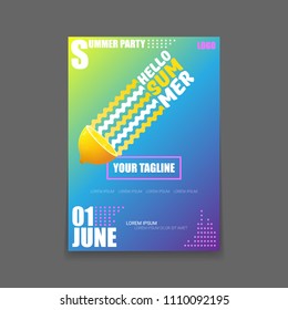 Vector Hello Summer Beach Party vertical A4 poster Design template or mock up with fresh lemon on  gradient background. Hello summer concept label or flyer with orange fruit and typographic text.