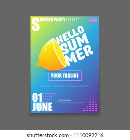 Vector Hello Summer Beach Party vertical A4 poster Design template or mock up with fresh lemon on  gradient background. Hello summer concept label or flyer with orange fruit and typographic text.