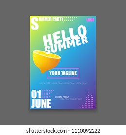 Vector Hello Summer Beach Party vertical A4 poster Design template or mock up with fresh lemon on  gradient background. Hello summer concept label or flyer with orange fruit and typographic text.