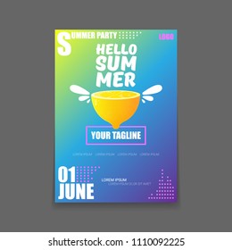 Vector Hello Summer Beach Party vertical A4 poster Design template or mock up with fresh lemon on  gradient background. Hello summer concept label or flyer with orange fruit and typographic text.