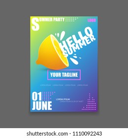 Vector Hello Summer Beach Party vertical A4 poster Design template or mock up with fresh lemon on  gradient background. Hello summer concept label or flyer with orange fruit and typographic text.