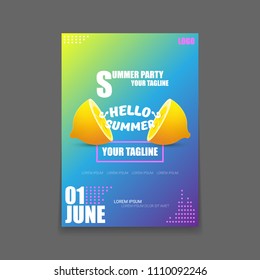 Vector Hello Summer Beach Party vertical A4 poster Design template or mock up with fresh lemon on  gradient background. Hello summer concept label or flyer with orange fruit and typographic text.