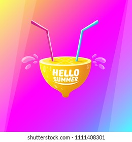 Vector Hello Summer Beach Party Flyer Design template with fresh lemon on modern style pink and purple gradient background. Hello summer concept label or poster with orange fruit and typographic text.