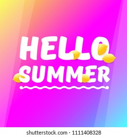 Vector Hello Summer Beach Party Flyer Design template with fresh lemon on modern style pink and purple gradient background. Hello summer concept label or poster with orange fruit and typographic text.