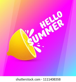 Vector Hello Summer Beach Party Flyer Design template with fresh lemon on modern style pink and purple gradient background. Hello summer concept label or poster with orange fruit and typographic text.