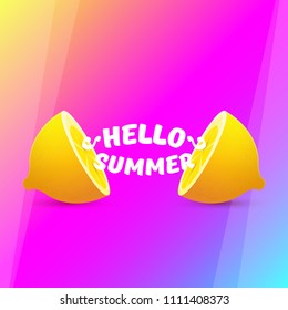 Vector Hello Summer Beach Party Flyer Design template with fresh lemon on modern style pink and purple gradient background. Hello summer concept label or poster with orange fruit and typographic text.