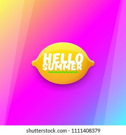 Vector Hello Summer Beach Party Flyer Design template with fresh lemon on modern style pink and purple gradient background. Hello summer concept label or poster with orange fruit and typographic text.