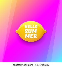 Vector Hello Summer Beach Party Flyer Design template with fresh lemon on modern style pink and purple gradient background. Hello summer concept label or poster with orange fruit and typographic text.