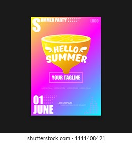 Vector Hello Summer Beach Party vertical A4 poster Design template or mock up with fresh lemon on pink and purple modern style gradient background. Hello summer concept label or flyer 