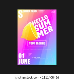 Vector Hello Summer Beach Party vertical A4 poster Design template or mock up with fresh lemon on pink and purple modern style gradient background. Hello summer concept label or flyer 