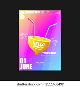 Vector Hello Summer Beach Party vertical A4 poster Design template or mock up with fresh lemon on pink and purple modern style gradient background. Hello summer concept label or flyer 