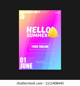 Vector Hello Summer Beach Party vertical A4 poster Design template or mock up with fresh lemon on pink and purple modern style gradient background. Hello summer concept label or flyer 