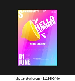 Vector Hello Summer Beach Party vertical A4 poster Design template or mock up with fresh lemon on pink and purple modern style gradient background. Hello summer concept label or flyer 