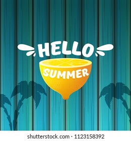 Vector Hello Summer Beach Party Flyer Design template with fresh lemon on azure wooden wall background. Hello summer concept label or poster with orange fruit and typographic text.