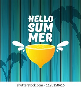 Vector Hello Summer Beach Party Flyer Design template with fresh lemon on azure wooden wall background. Hello summer concept label or poster with orange fruit and typographic text.