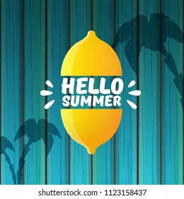Vector Hello Summer Beach Party Flyer Design template with fresh lemon on azure wooden wall background. Hello summer concept label or poster with orange fruit and typographic text.
