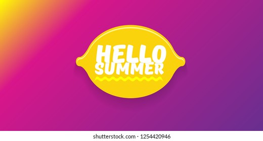 Vector Hello Summer Beach Party horizontal banner Design template with fresh lemon isolated on violet gradient background. Hello summer concept label or poster with orange fruit and typographic text.