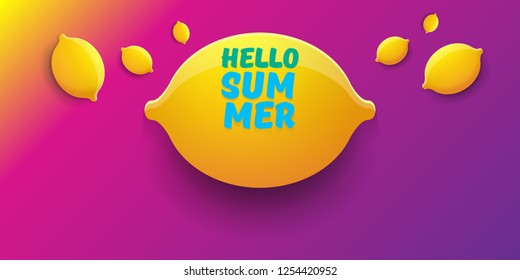 Vector Hello Summer Beach Party horizontal banner Design template with fresh lemon isolated on violet gradient background. Hello summer concept label or poster with orange fruit and typographic text.
