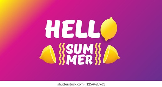 Vector Hello Summer Beach Party horizontal banner Design template with fresh lemon isolated on violet gradient background. Hello summer concept label or poster with orange fruit and typographic text.