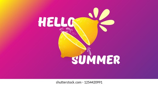 Vector Hello Summer Beach Party horizontal banner Design template with fresh lemon isolated on violet gradient background. Hello summer concept label or poster with orange fruit and typographic text.
