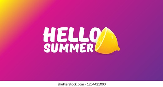 Vector Hello Summer Beach Party horizontal banner Design template with fresh lemon isolated on violet gradient background. Hello summer concept label or poster with orange fruit and typographic text.