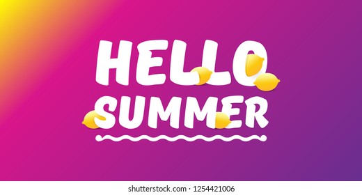Vector Hello Summer Beach Party horizontal banner Design template with fresh lemon isolated on violet gradient background. Hello summer concept label or poster with orange fruit and typographic text.